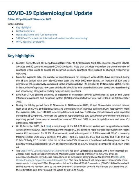 COVID-19 epidemiological update – 22 December 2023