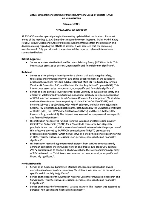 Summary of the declaration of interests - 5 January 2021
