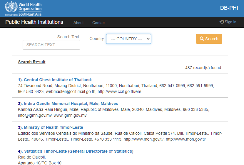 phi-database SEAR - Digital Online Database of Public Health Institutions